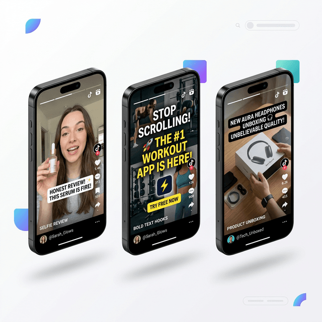 Three vertical smartphones showing different UGC video styles